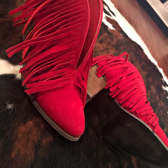 Red Fringe Slit Top Heeled Booties 